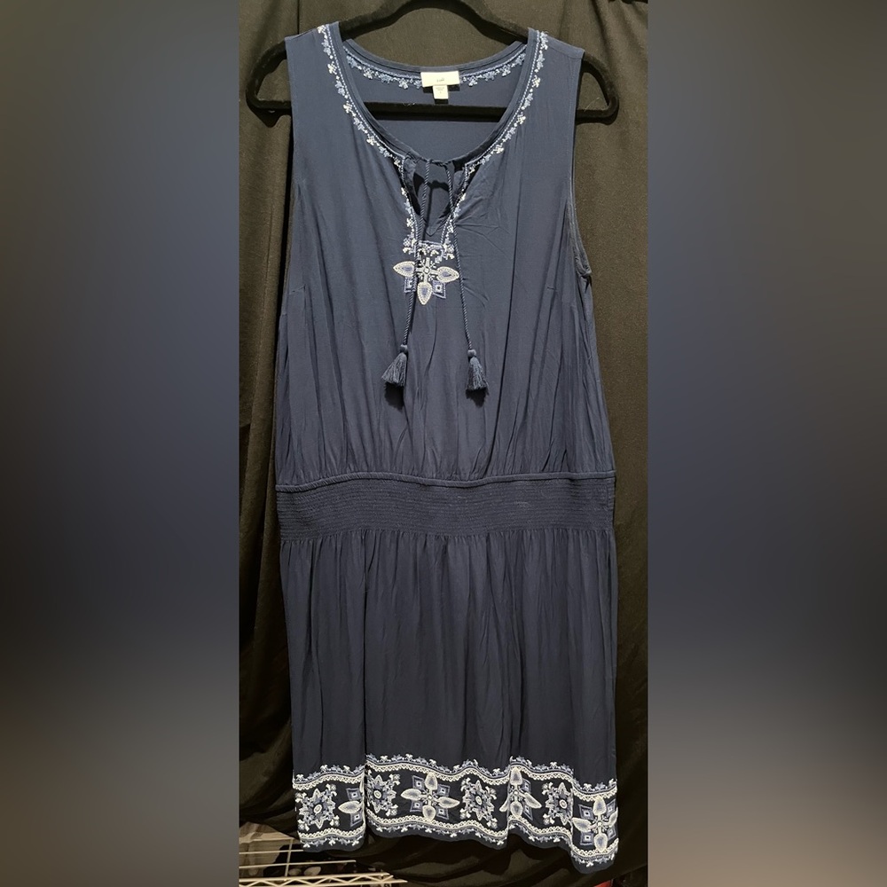 J. Jill Navy Blue Embroidered Floral Sleeveless Boho Dress